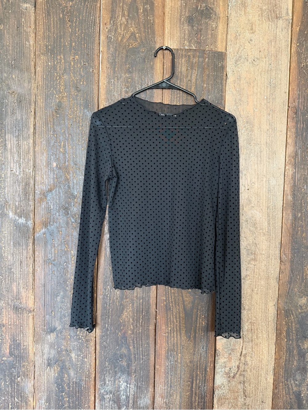 Zara Sheer Black Polka Dot Long-Sleeve Mesh Top